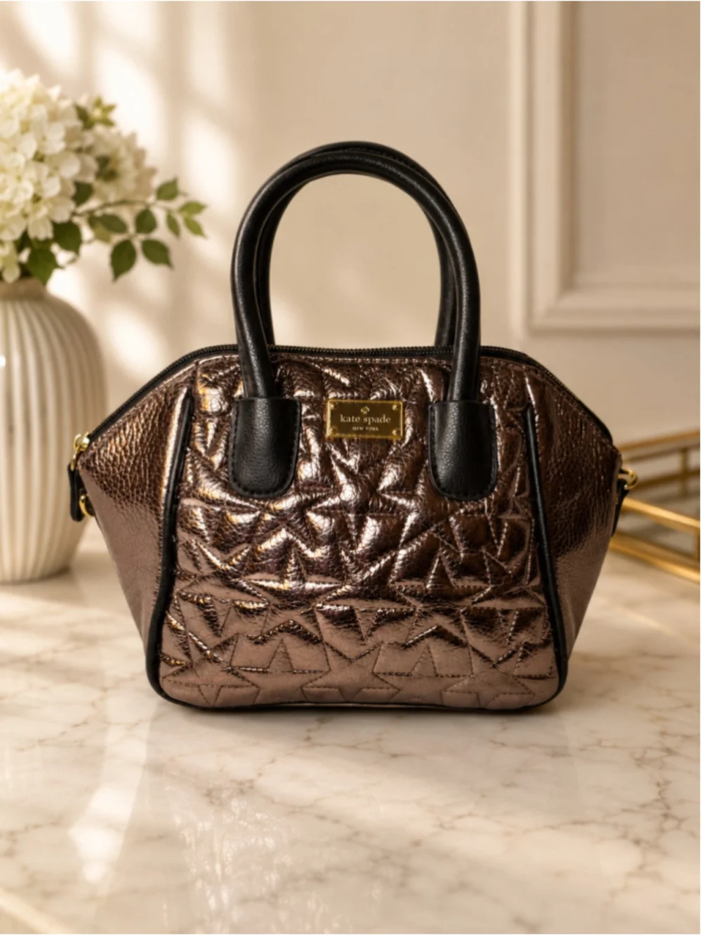 Luv Betsey Quilted Satchel Bag Bronze and Black